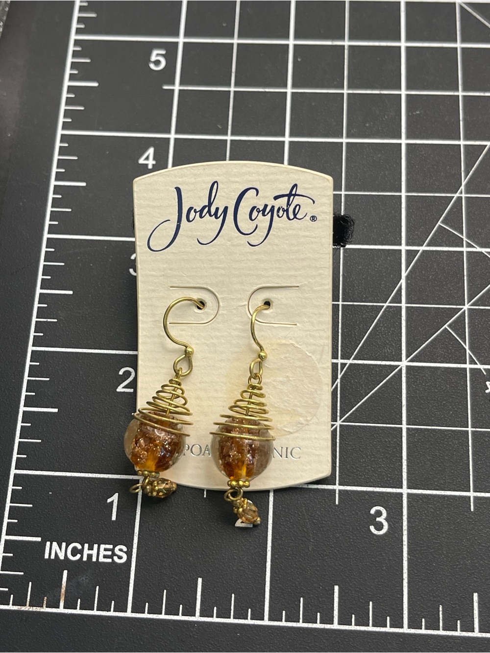 Jody Coyote Dreamer Amber Brown Bead Gold Tone Dangle Earrings NWT